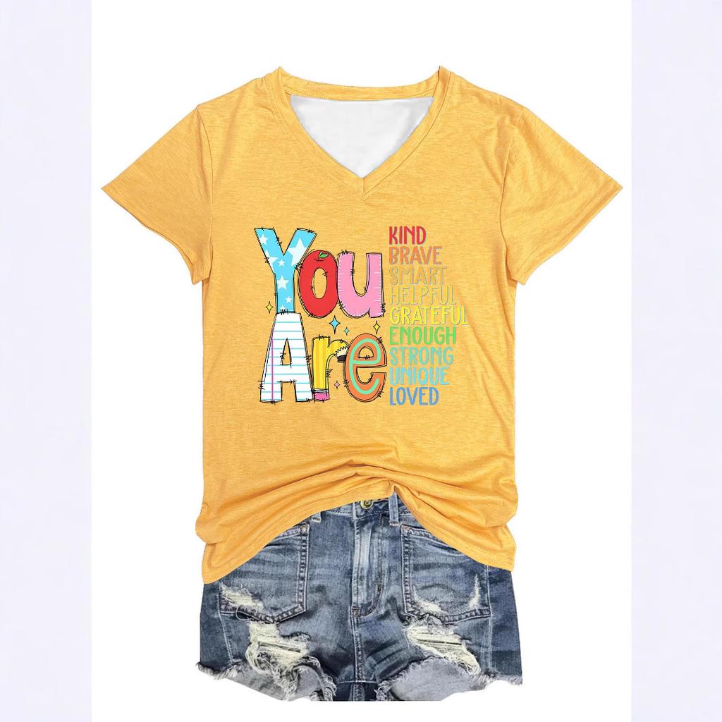 Летний топ с V-образным вырезом и 3D-печатью в виде букв, модные повседневные женские футболки с короткими рукавами