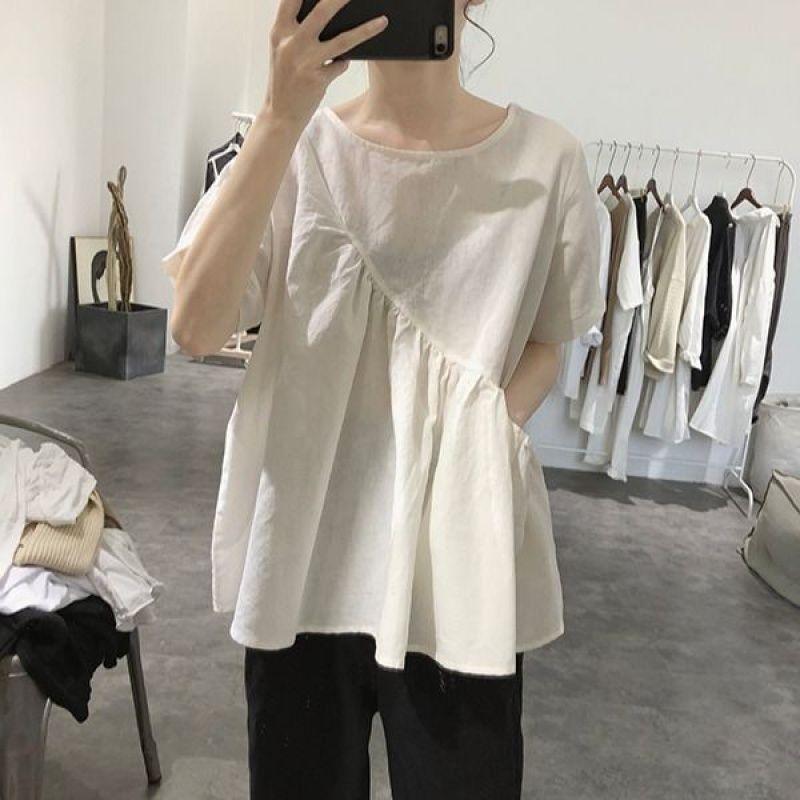Женские футболки больших размеров в корейском стиле с неровным низом, летние, повседневные, свободные, с круглым вырезом и короткими рукавами