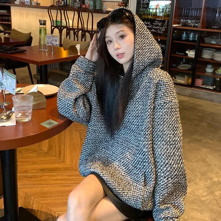 Woman Tops Baggy Autumn and Winter Hoodies Cold Hooded Tweed Sweatshirt for Women Loose Warm Thick Nice Color Sport Y 2k Vintage