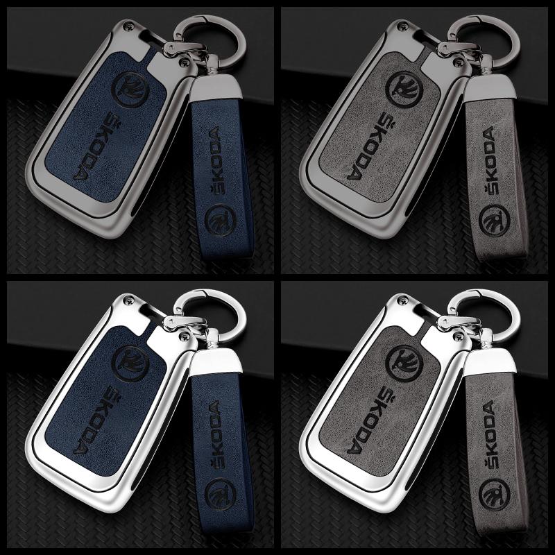 JKFB8 Zinc Alloy Leather Car Flip Remote Key Case Cover Holder Shell for Skoda Octavia Kodiaq Karoq Protector Car Keychain Accessories
