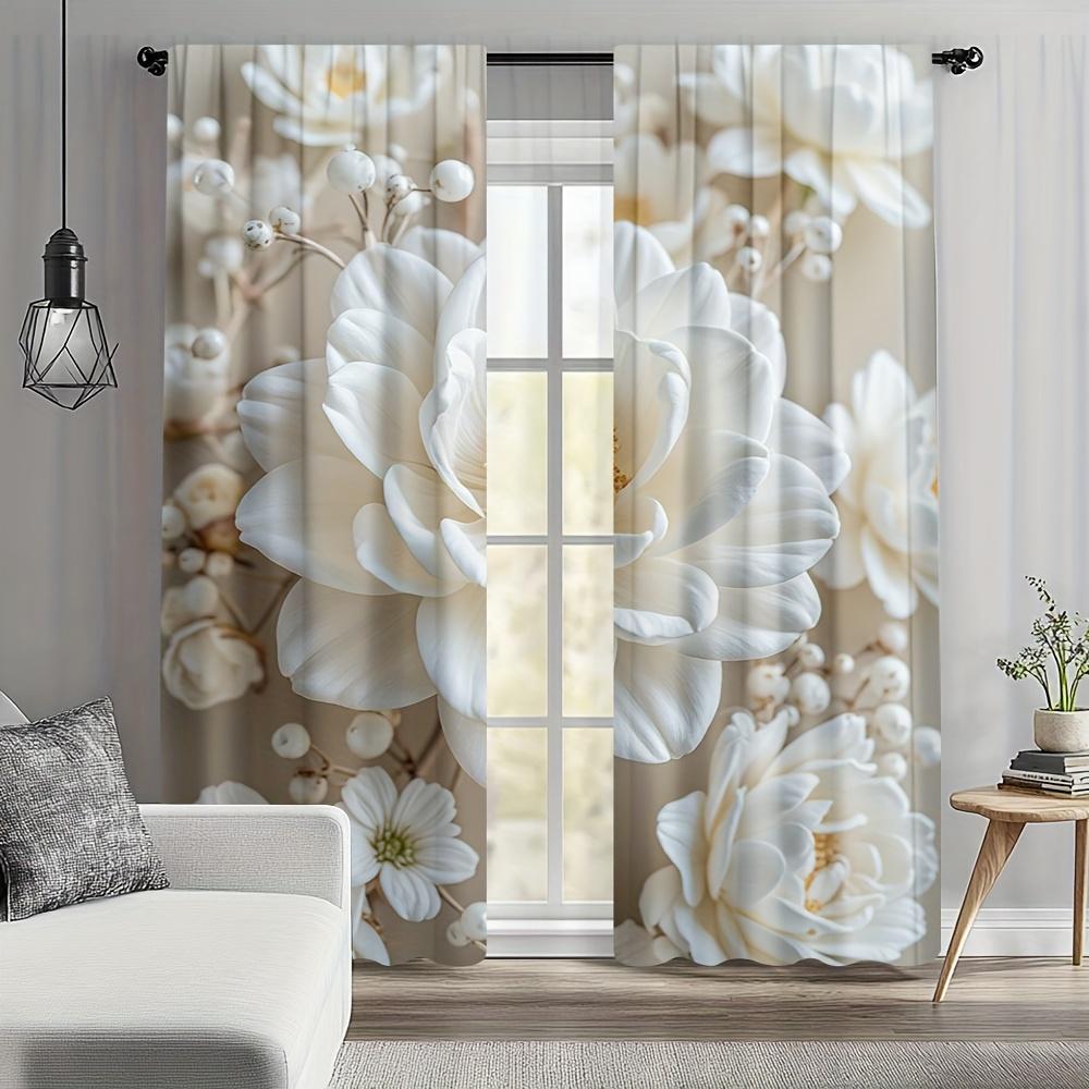 2pc Floral Print Curtains - Polyester Fabric, Machine Washable, Suitable for Bedroom, Kitchen, Office, Living Room