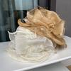Women Fisherman Hat Organza Lace Bow Faux Pearl Feather Decor Vintage Royal Style Flat Top Anti-UV Sun Protection Prom Party Formal Occasion Cap
