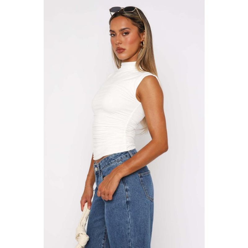 Женский летний однотонный плиссированный тонкий топ без рукавов с полувысоким воротом и простым комфортом