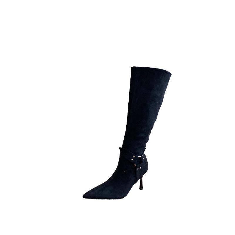 2025 осень и зима новая европейская и американская пряжка ремня тонкий высокий каблук острый носок замшевые высокие сапоги однотонные сапоги-рыцари на одной педали