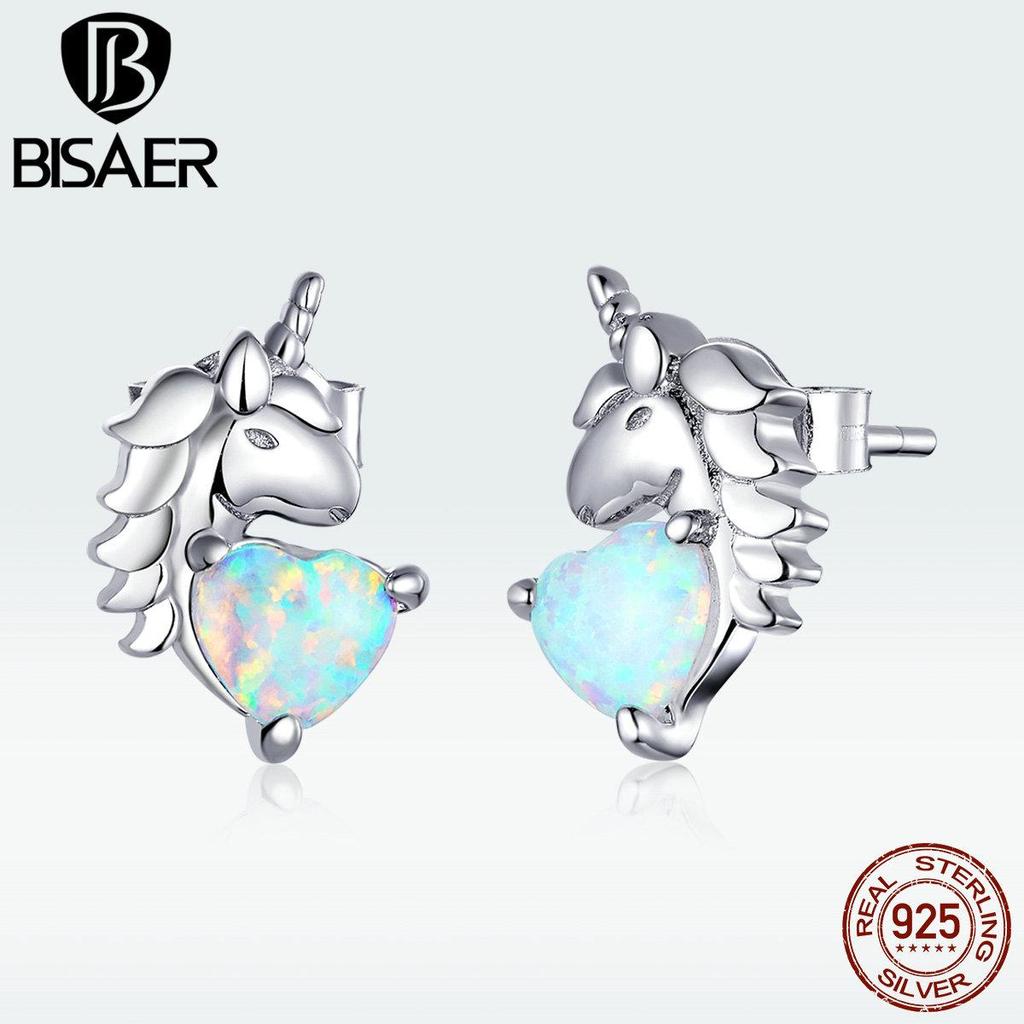 Bisaer Маленькие серьги-гвоздики из стерлингового серебра 925 пробы с опалом, красочные милые пони, свадебные украшения