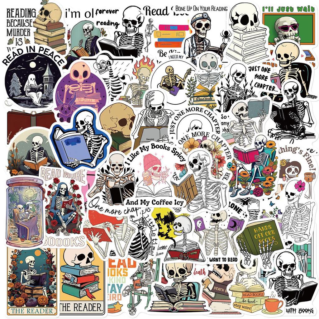 50 Skeleton Reading Books Graffiti Stickers Decorate Suitcase DIY Personalized Waterproof Stickers