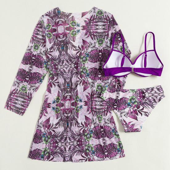 3 шт./компл. Женский комплект бикини с цветочным принтом, раздельный, на бретелях, с подкладкой, купальник-спагетти, сексуальный, с длинным рукавом, EMA