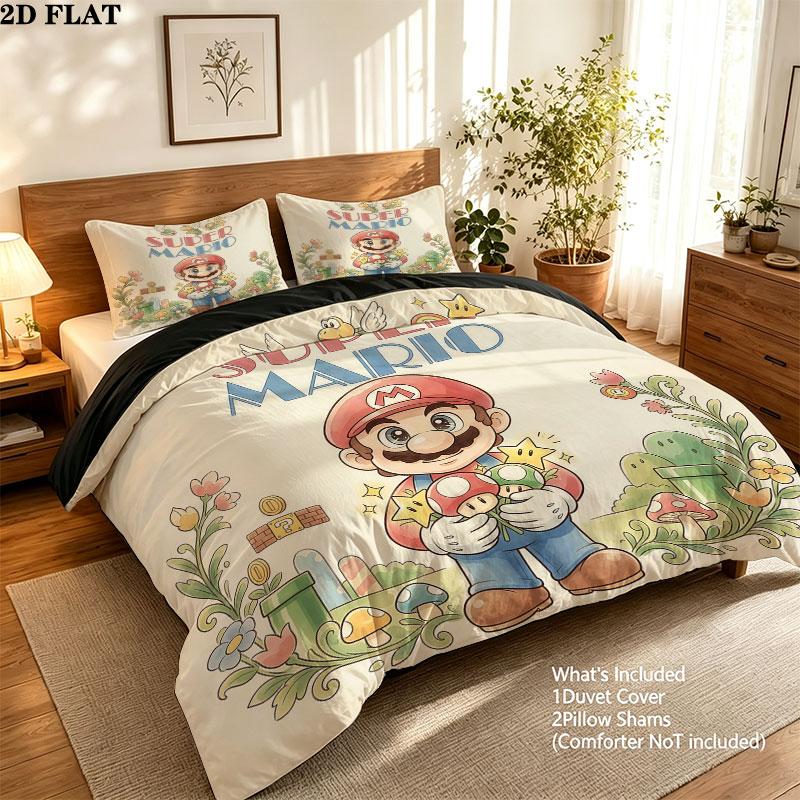 Super Mario Pattern Bedding Quilt Set Quilt Cover Pillowcase Home Birthday Gift(1 * duvet cover + 2 * pillowcase, without core)