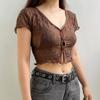 Women Retro Perspective V-neck Hollowed Cardigan T-shirt Tops Fashion Agaric Edge Short  Bare Navel Top
