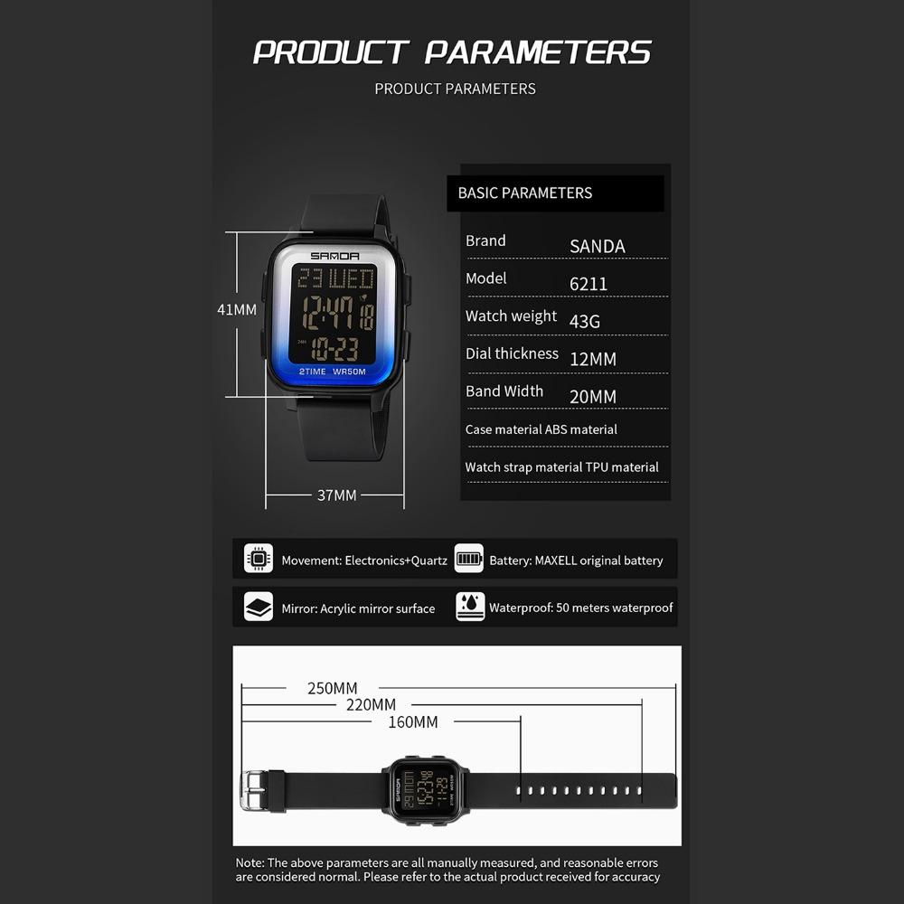 SANDA Модные электронные часы Многофункциональные квадратные спортивные часы-хронограф Водонепроницаемые наручные часы Бизнес-часы