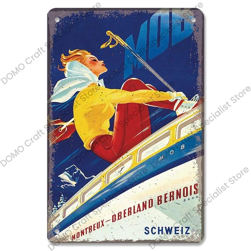 Лыжный спортивный плакат, винтажная металлическая табличка, знаки, горные лыжи, красота, металлическая жестяная пластина, ретро настенный декор для лыжного клуба, бара, паба, дома