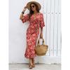 Women's print one-piece strap bow dress Bohemian vacation half-sleeve hip-wrapped fishtail beach skirt