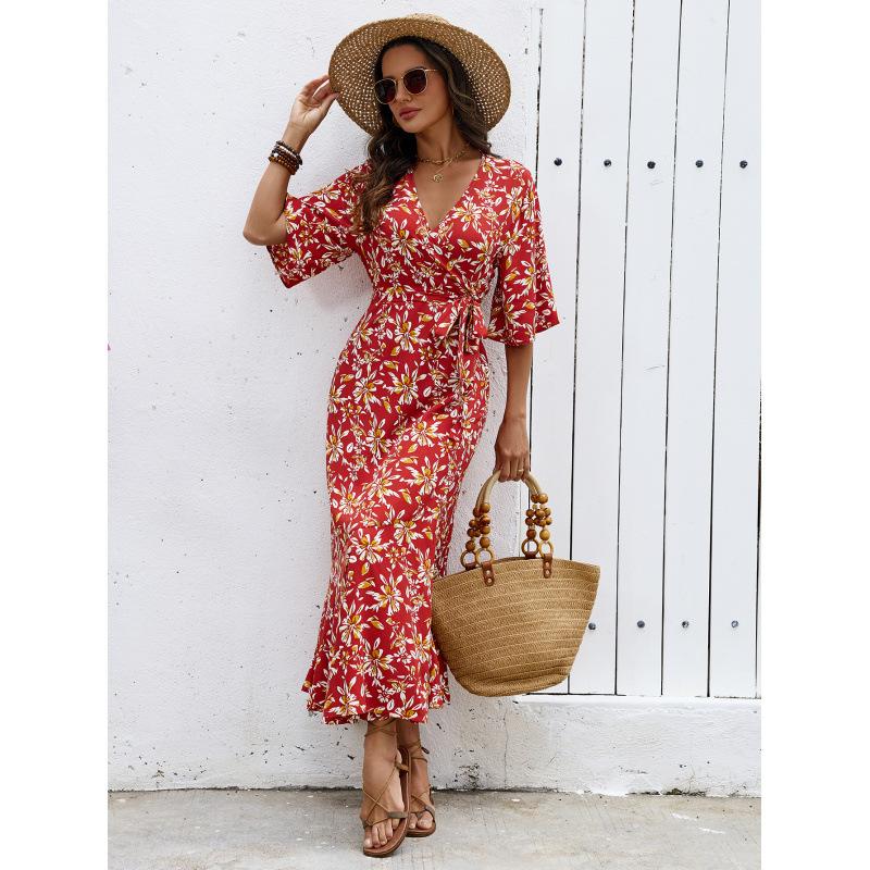 Women's print one-piece strap bow dress Bohemian vacation half-sleeve hip-wrapped fishtail beach skirt