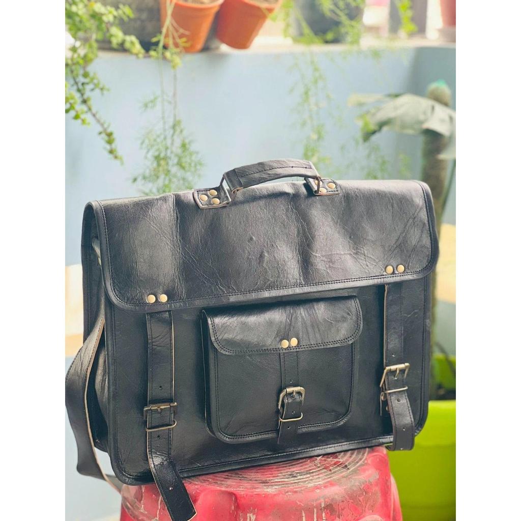 Men's Genuine Goat Leather Vintage Laptop Handmade Messenger Black Bag Satchel
