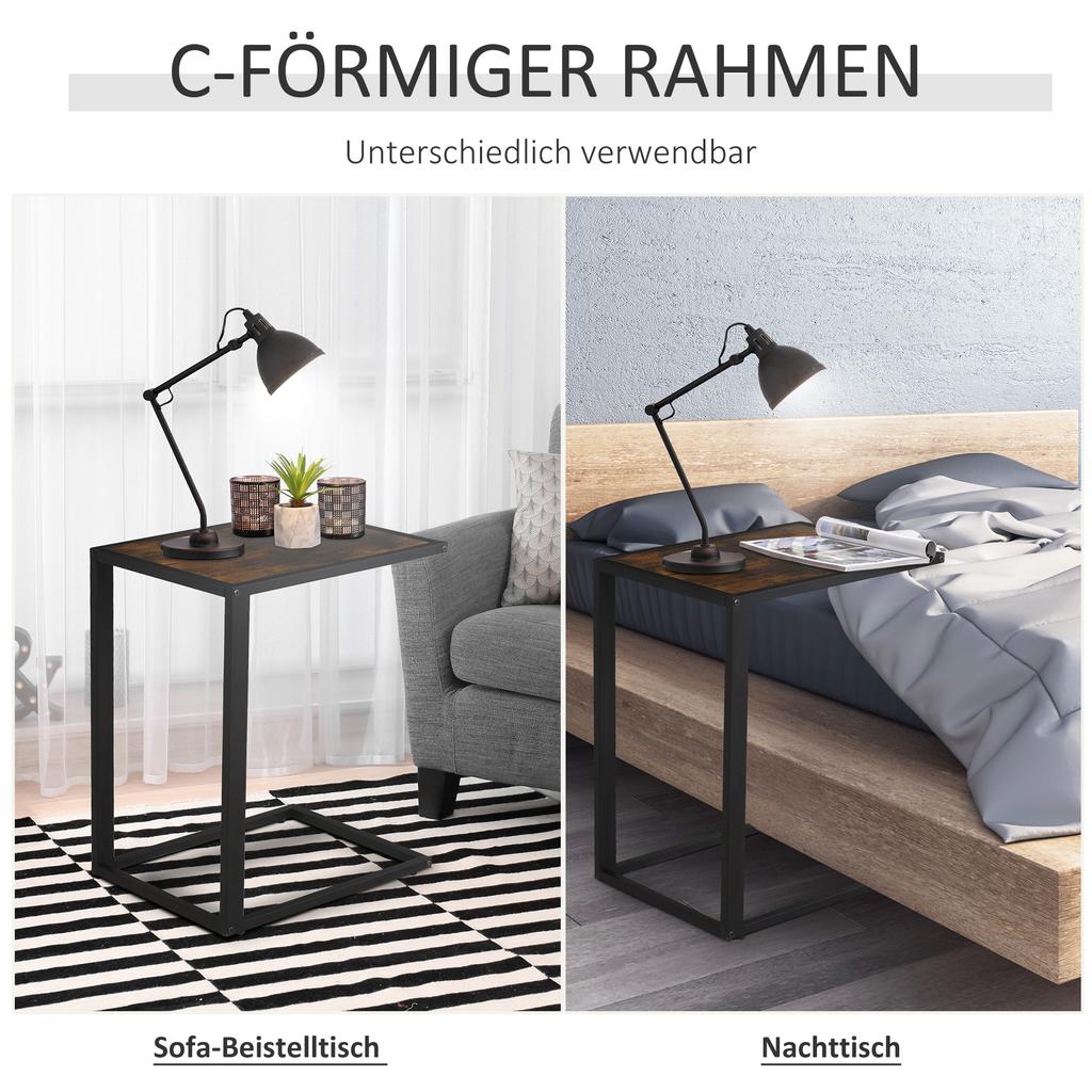 C-Shaped Side Table, Bedside Table with Metal Frame, Accent Sofa Couch Table for Living room, Bedroom, Brown and Black