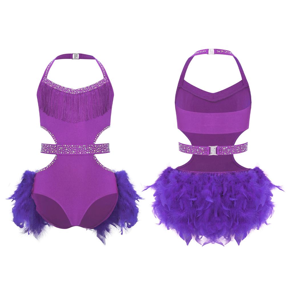 Girls Performance Leotard Halter Sleeveless Cutout Back with Feather Skirt Latin Dancewear