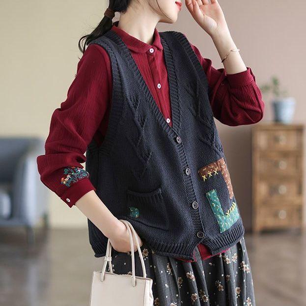 Женский вязаный жилет-кардиган из хлопка с цветочным накладным карманом, свободный и утягивающий, осенний повседневный с V-образным вырезом, без рукавов