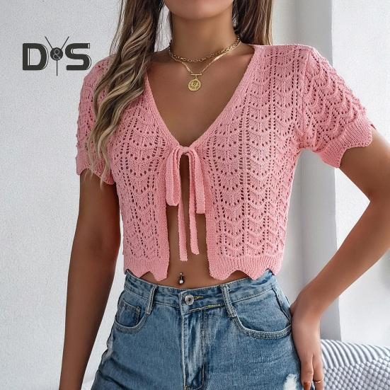 Женские топы крючком с коротким рукавом, на шнуровке, ажурный дизайн, трикотажные топы с защитой от солнца, летние топы для отдыха