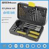 63-Piece Drill Bit Set: Twist, Woodworking, Flat, Center, and Cement Drills