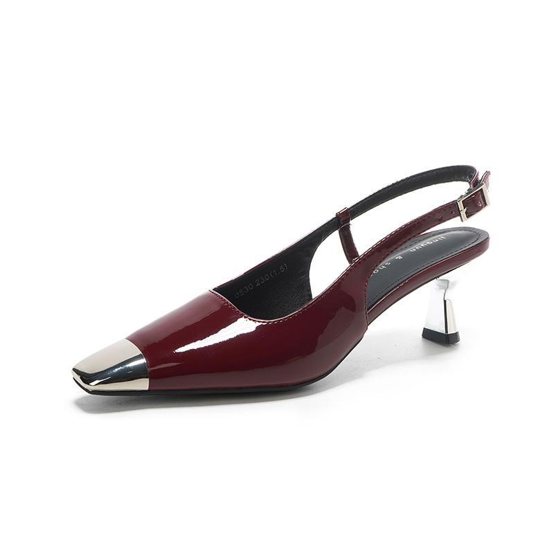 Fashion 2024 Square Toe Thin Heel Sandals Patent Leather Black Wrapped Heels High Heels Metal Toe Temperament Matte Women's Single Shoes