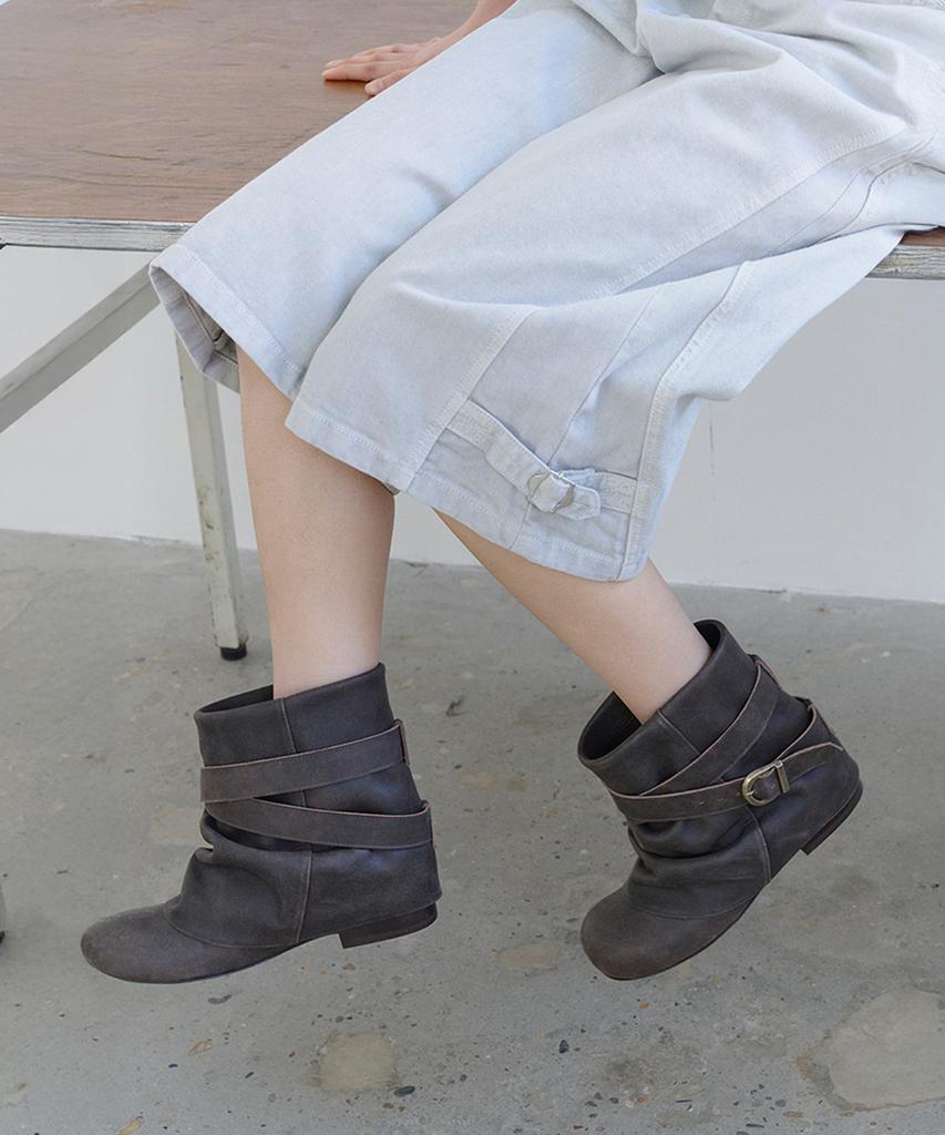 Three To Eighty Belt Wrinkle Leather Short Boots Brown