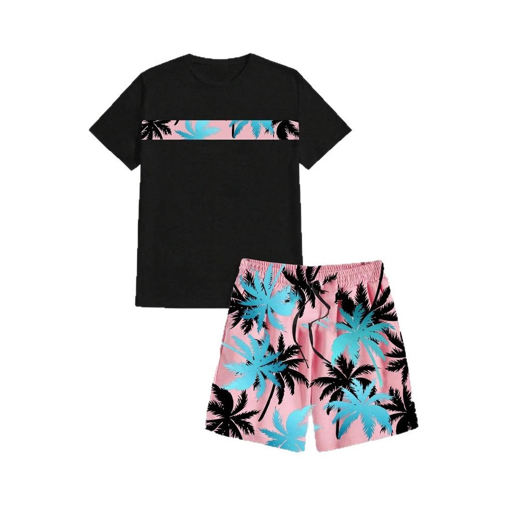 Hawaiian Suit Casual Men's Summer Short Sleeve T-Shirt Set Printed Resort Beach