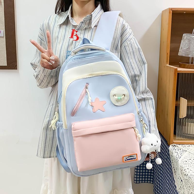 Campus middle school students new fashion schoolbag women's large-capacity contrasting color high school students backpack cute star versatile bag