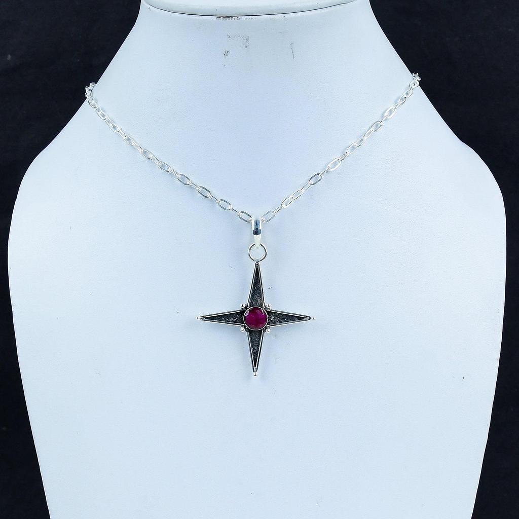 Серебряный кулон с рубиновым камнем из серебра 925 пробы - ручная работа, дизайн звезды, повседневные украшения, уникальный дизайн, подарочный кулон