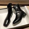 Chunky Med-High Heels Boots Women Zip Square Toe Chelsea Shoes Winter Solid Leather Botas Ankle Feminina Slim Botines Mujer