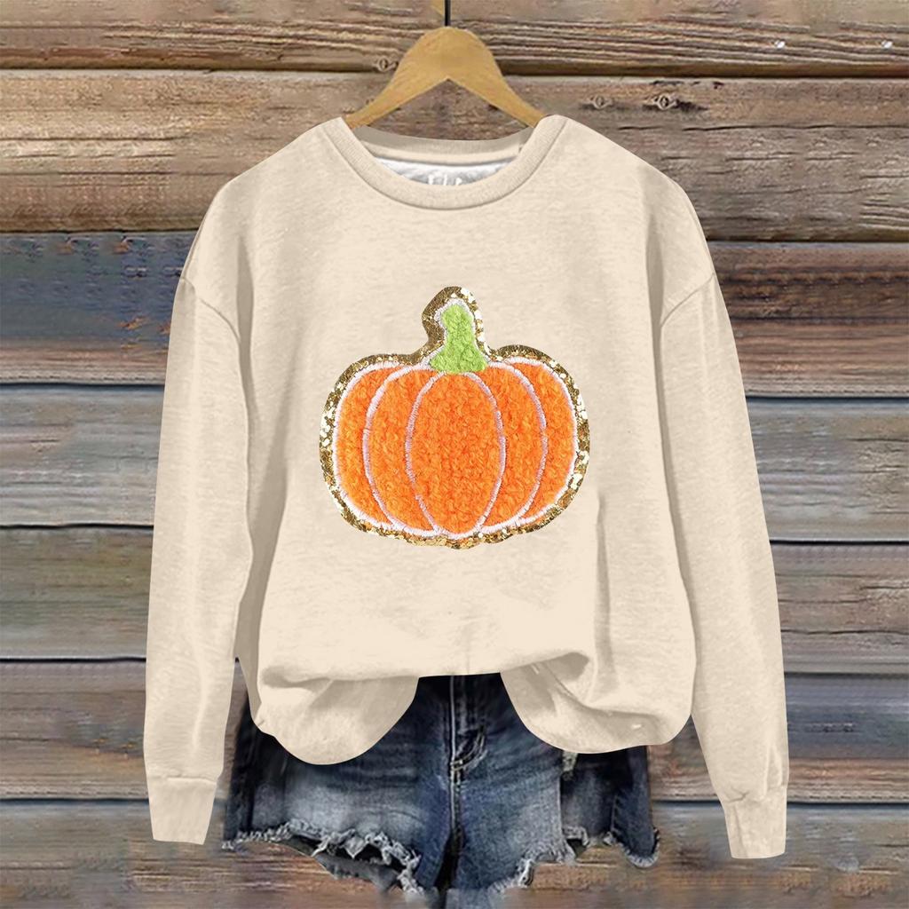 Женская мода Хэллоуин с длинным рукавом с принтом Свободная толстовка с круглым вырезом Топ