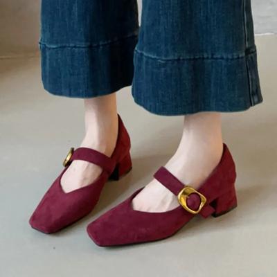 Женские туфли-лодочки Mary Janes Vintage из искусственной замши с квадратным носком, модель 2024 года, осенняя женская обувь на высоком каблуке с пряжкой и ремешком