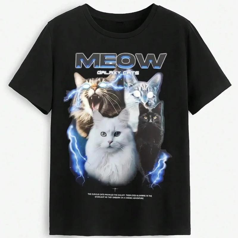 Y2K Galaxy Cats Print Tshirt Black Casual Crew Neck Tee with MEOW GALAXY CATS Lightning Cat Design Retro Aesthetic Unisex Top