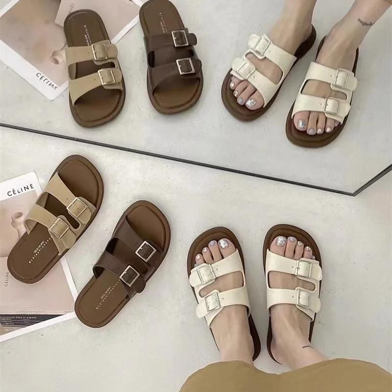 Fashion New Summer Solid Color Buckle Flat Bottom Women's Slippers for Outdoor Wear Home Women Slippers Retro Casual Temperament Sandals