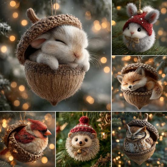 Forest Animal Acorn Ornaments Acrylic Pine Cone Animal Christmas Tree Decoration Rustic Nature-Themed Home Decor for Animal Lovers