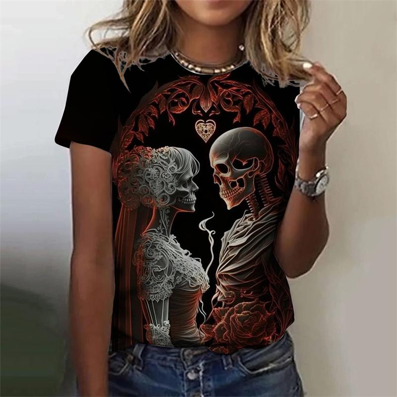 Футболка с рисунком черепа ужасов нежити для женщин, футболки с 3D-принтом для таинственной девушки, летние свободные топы с круглым вырезом, футболки с коротким рукавом