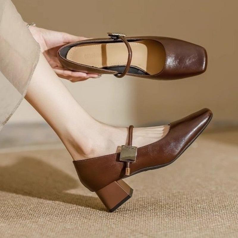 Винтажные туфли Мэри Джейн на высоком каблуке, осенние новинки, квадратный носок, толстый каблук, элегантные женские туфли для офиса