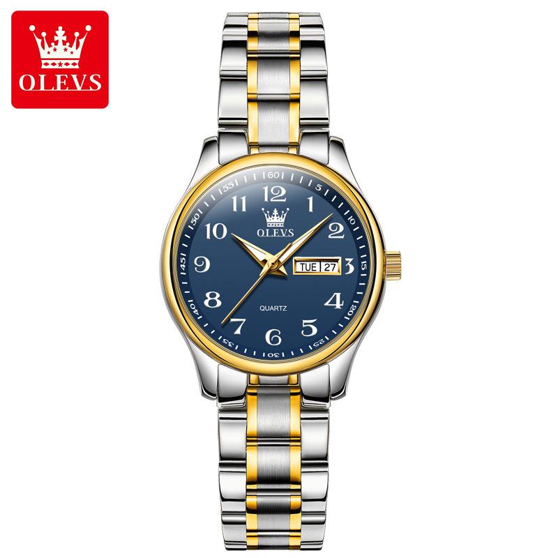 OLEVS Quartz Watch for Women Luxury Waterproof Luminous Stainless Steel Watches Big Numeral Dual Calendar Ladies Wristwatch