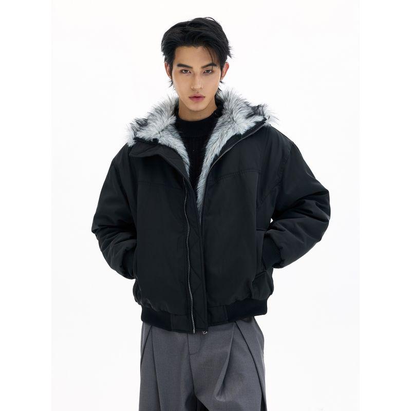 Kisko Winter Trendy Brand Mountain Carving Fur Collar Deconstructed Thickened Cotton Jacket for Men and Women, Cool and Loose Casual Warm Coat