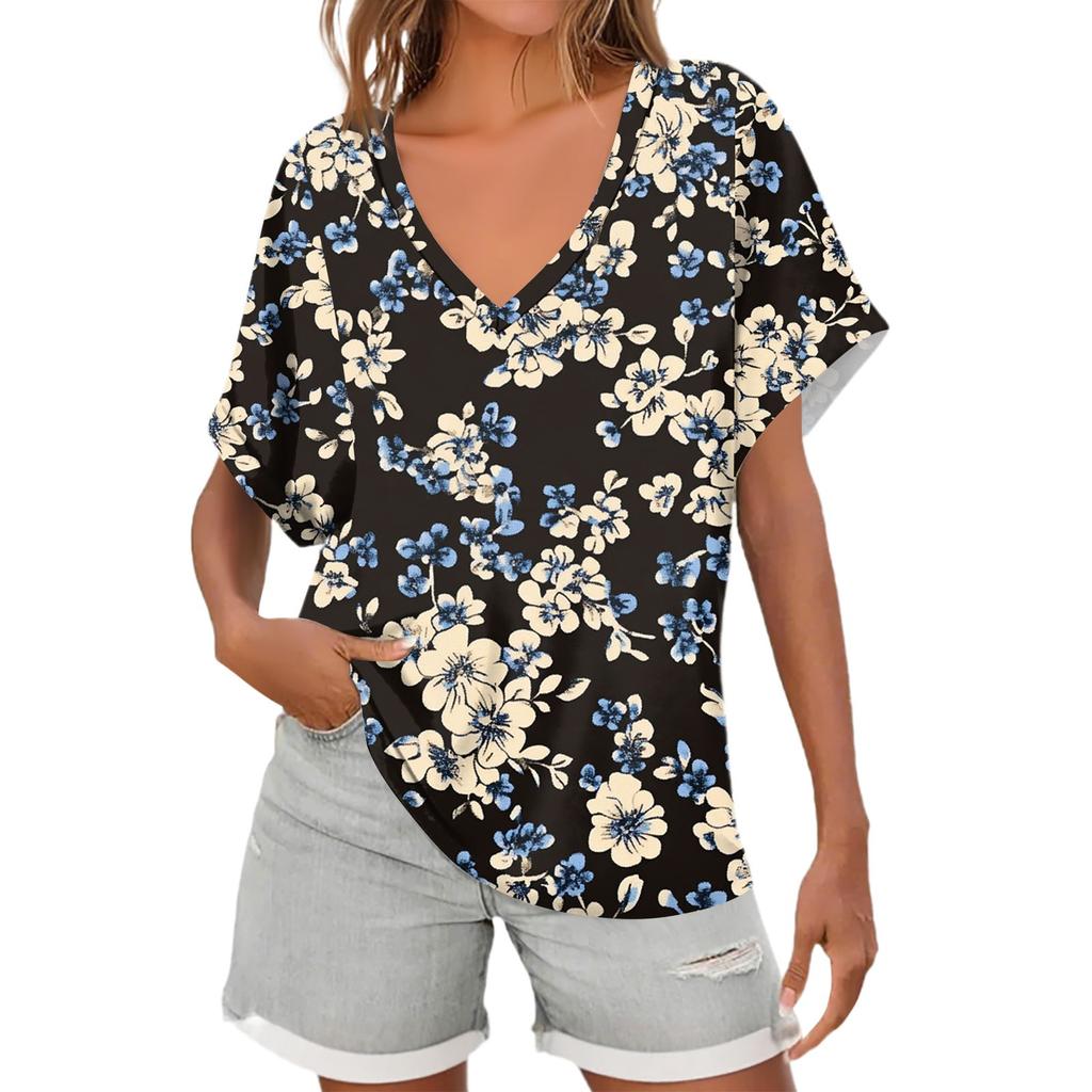 Womens Short Sleeve V-Neck Shirts Floral Print Loose Casual Basic Tees Summer Tops
