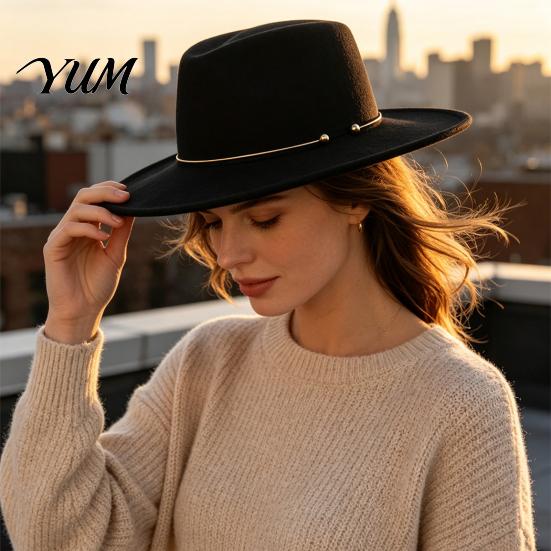 Sophisticated Daily Commuting Hat Retro Flat Top Hat, Wool Felt Pork Pie Bowler with Winter Warm Fedora for Women Metal Ring, Wide Brim Trilby