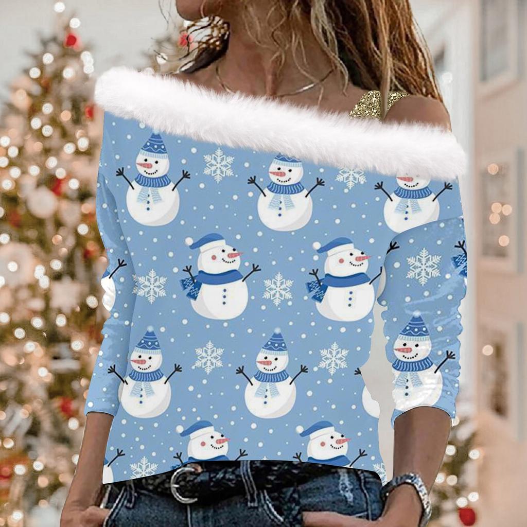 Женские топы с длинными рукавами. Модные женские свободные пуловеры с открытыми плечами с рождественским принтом.