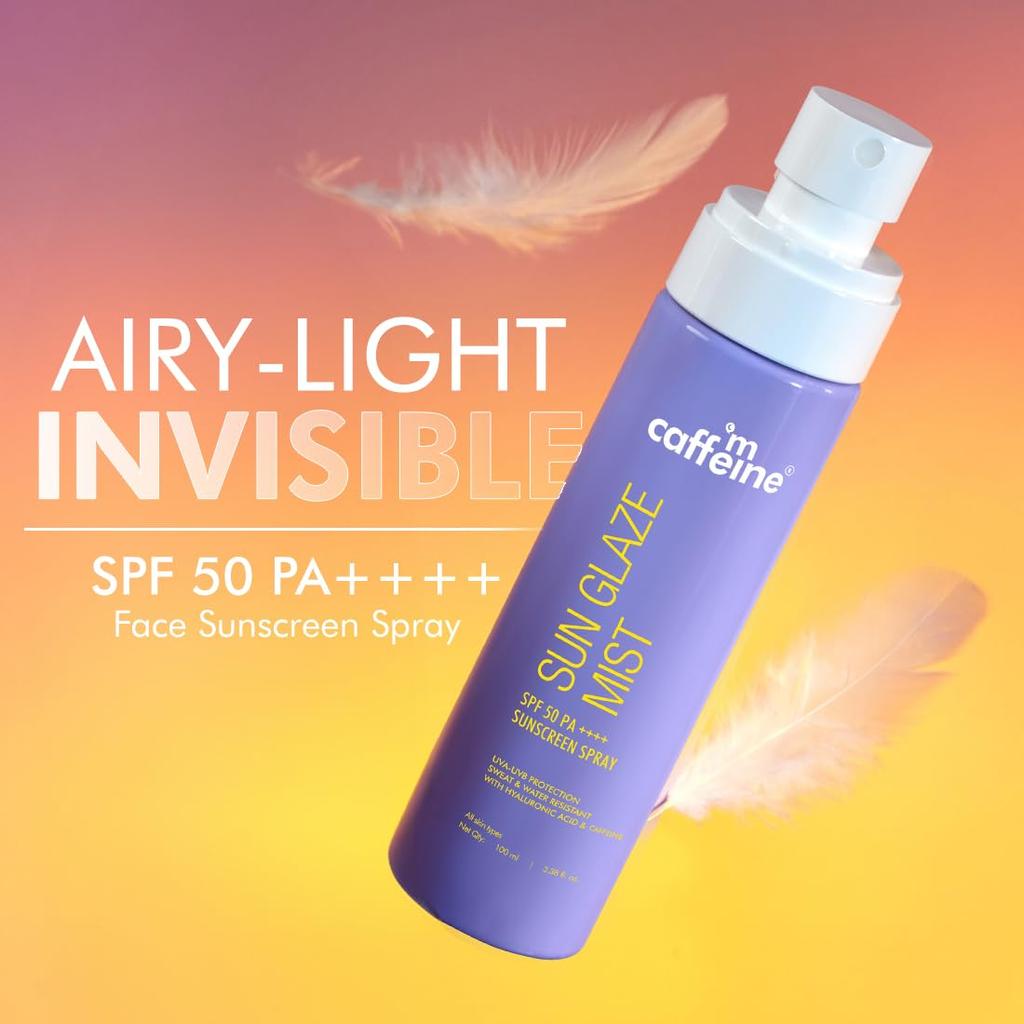 mCaffeine Sun Glaze Mist SPF 50 PA++++ Face Sunscreen Spray 100 ml Lightweight No White Cast Quick Reapply Over Makeup