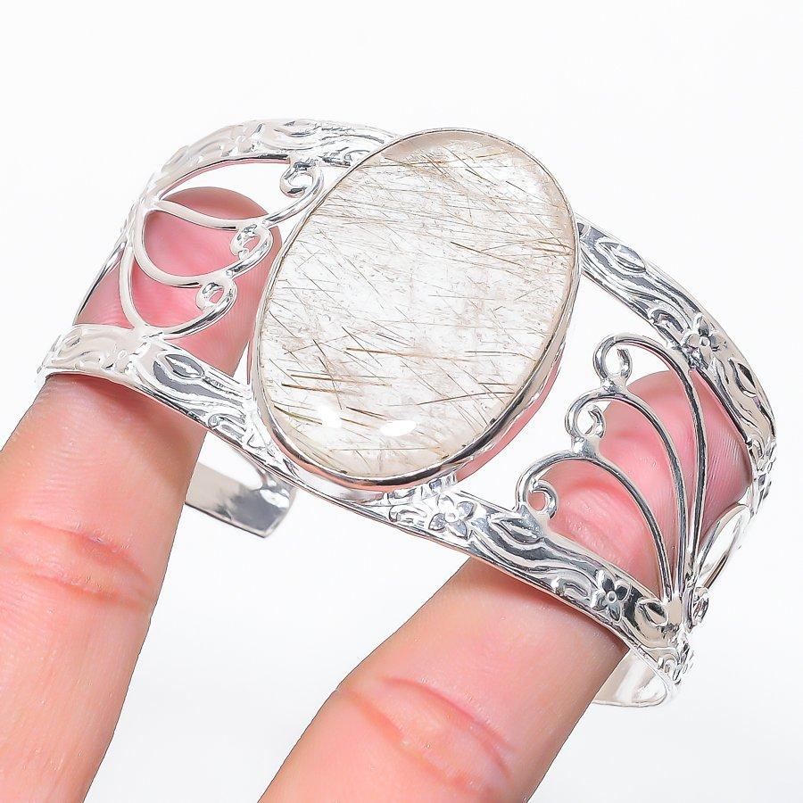 Natural Golden Rutile Gemstone 925 Sterling Silver Cuff Bangle Adjustable Y1E51