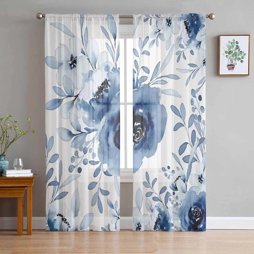Flowers Retro Plants White Flowers Bedroom Transparent Sheer Curtains Holiday Decoration Window Voile Tulle Curtain