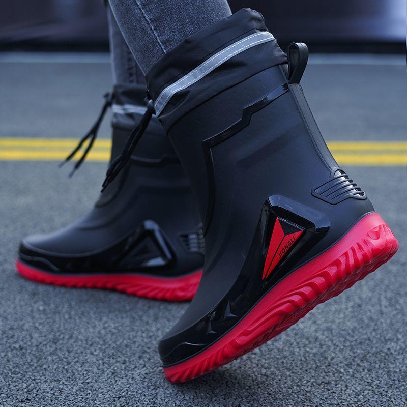 Fashion Rain Shoes Men's Short Anti Slip Mid Tube Rain Boots Short Water Shoes with Velvet Work Shoes