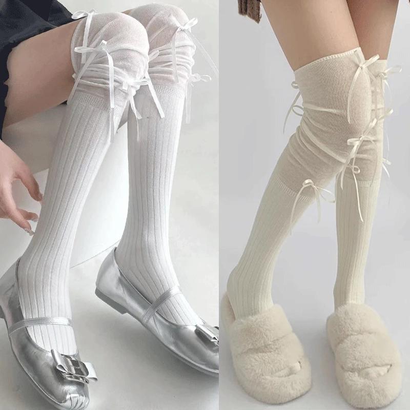 Lolita Long Socks Women Bandage Ribbon Bow Sweet Girls Kawaii Sexy Middle Tube Socks Ballet Style Solid Color Black White Socks