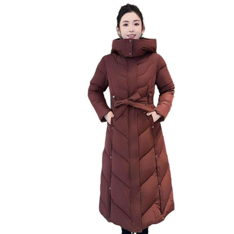 Hooded long waist cotton-padded jacket for women's thickened warm and thin jacket, winter new knee-sized cotton-padded jacket