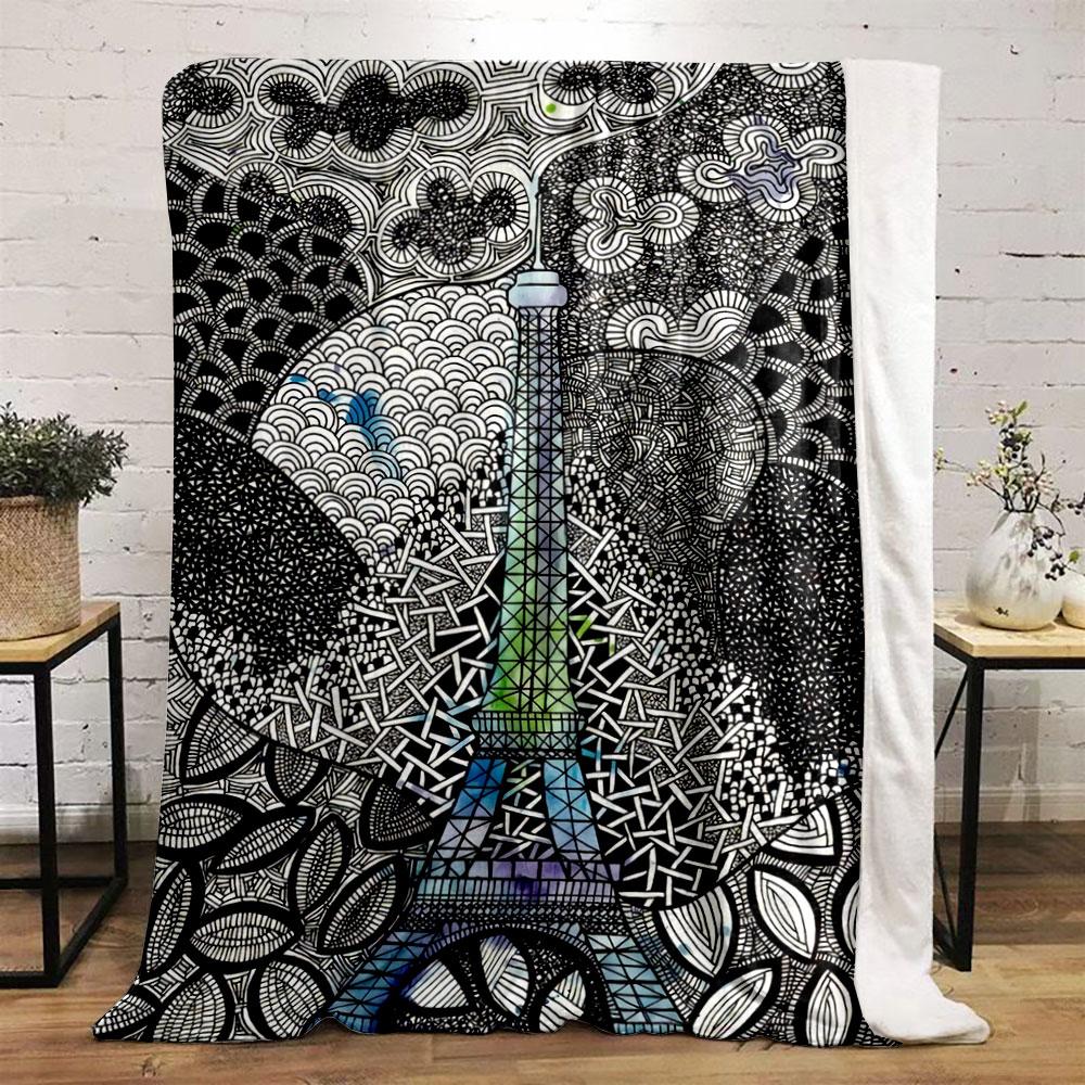 Intricate black-and-white doodles form abstract patterns around the Eiffel Tower. for all seasons blanket lunch break throw gift