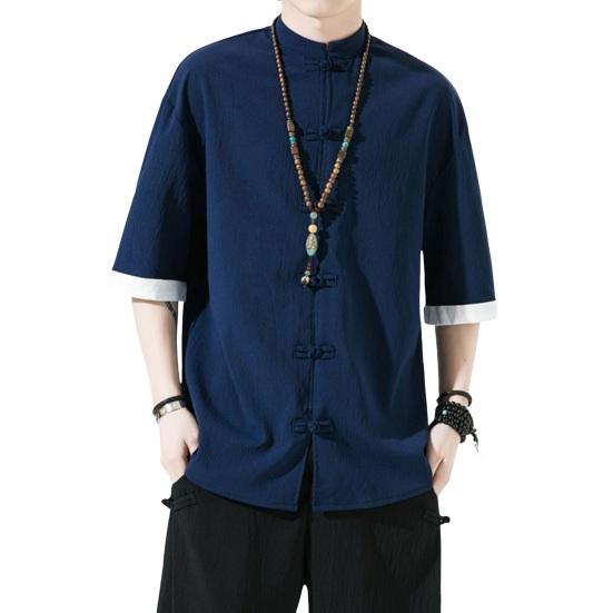 Мужская рубашка в китайском стиле, однотонный ледяной шелк, однобортный однобортный кардиган средней длины с короткими рукавами, топ, костюм Ханфу