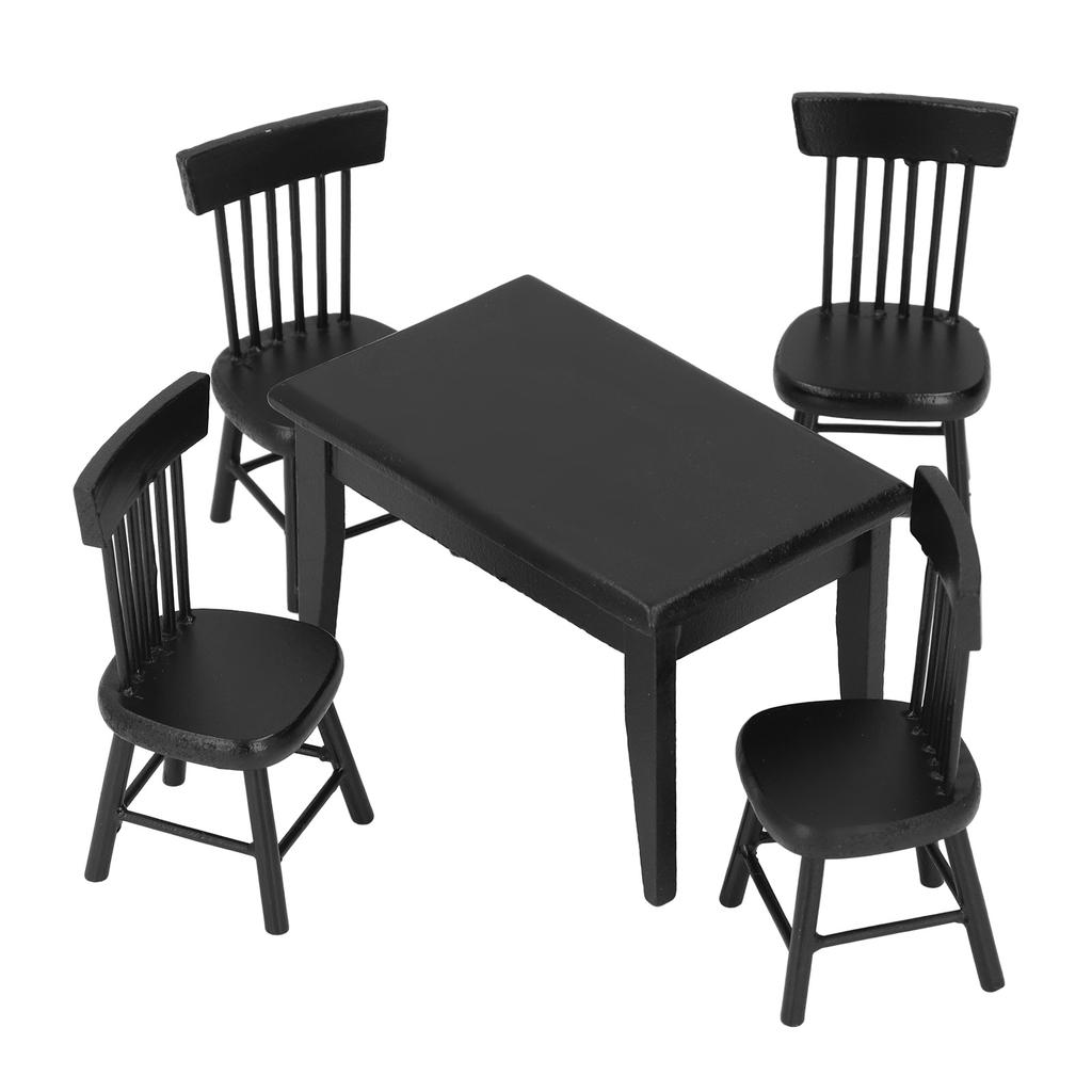 1:12 Dollhouse Table Chair Set Black Wooden Miniature Furniture Accessories for Dining Room Scene